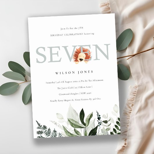 かわいいライオンの葉7th誕生日パーティー招待状 サンキューカード