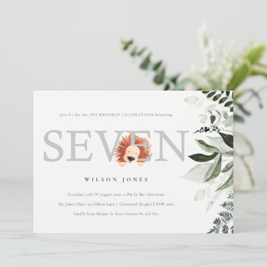 かわいいライオンの葉7th誕生日パーティー招待状 サンキューカード (スタンド正面)