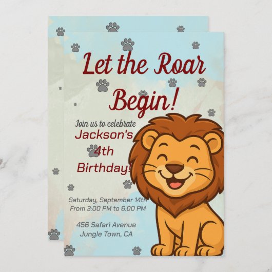 かわいいライオンの誕生日パーティーの招子供へ待 招待状 (正面/裏面)