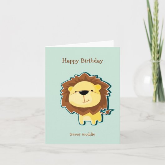 かわいいライオンの青い模様の誕生日 サンキューカード (正面)