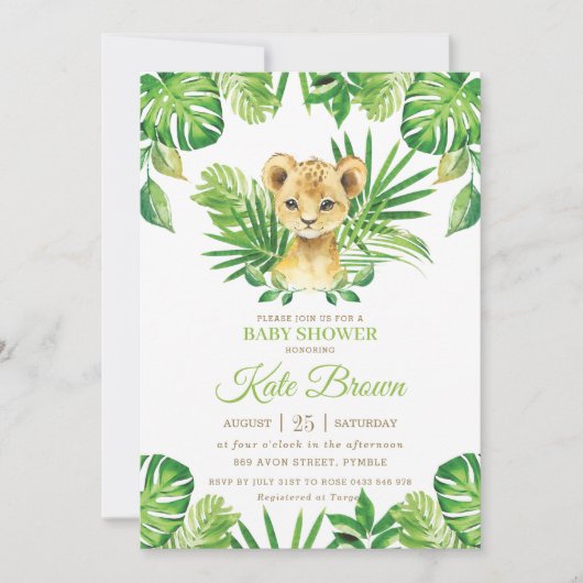 かわいいライオンカブ熱帯緑の男の子の赤ちゃんシャワー 招待状 (正面)