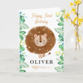 かわいいライオンサファリ幸せな1歳の誕生日の挨拶 カード (黄色い花)