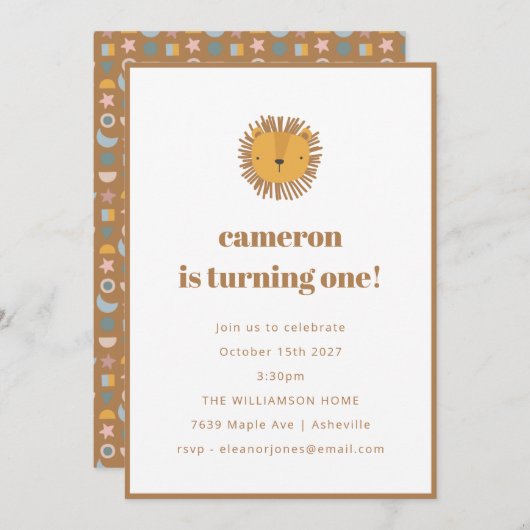 かわいいライオンベビーキッズアニマル第1誕生日パーティー 招待状 (正面/裏面)