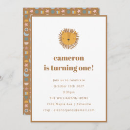 かわいいライオンベビーキッズアニマル第1誕生日パーティー 招待状