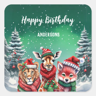 かわいいライオン動物園クリスマスツリーの誕生日の女の子のパーティー スクエアシール
