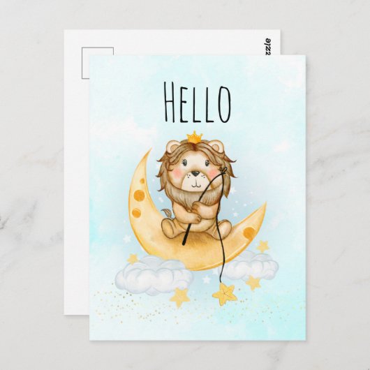 かわいいライオン魚釣りオンザムーンウォーターカラーハロー ポストカード (正面/裏面)