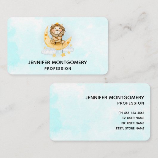 かわいいライオン魚釣りオンザムーンウォーターカラービジネス 名刺 (正面/裏面)