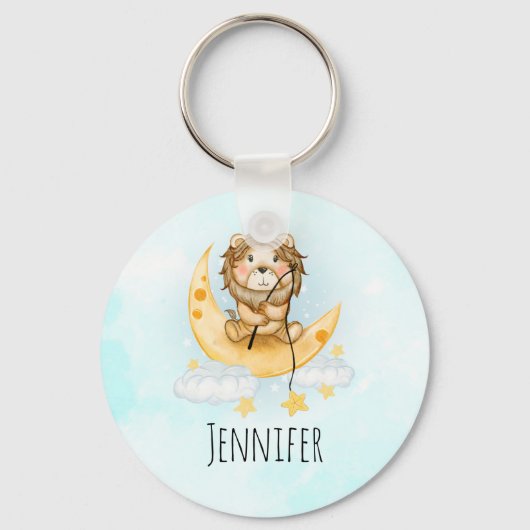 かわいいライオン魚釣りオンザムーンウォーターカラー キーホルダー (正面)