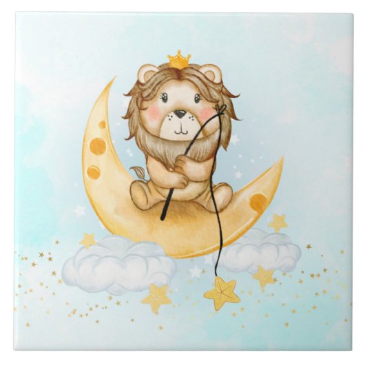 かわいいライオン魚釣りオンザムーンウォーターカラー タイル (正面)