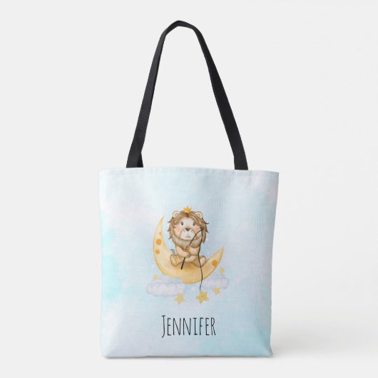 かわいいライオン魚釣りオンザムーンウォーターカラー トートバッグ (裏面)