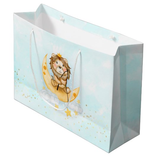 かわいいライオン魚釣りオンザムーンウォーターカラー ラージペーパーバッグ (正面アングル)