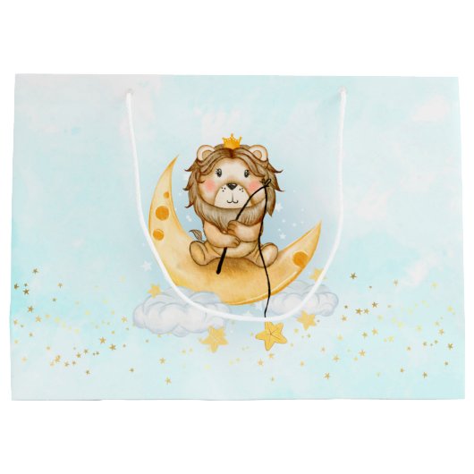 かわいいライオン魚釣りオンザムーンウォーターカラー ラージペーパーバッグ (裏面)