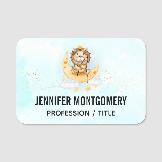 かわいいライオン魚釣りオンザムーンウォーターカラー 名札 (正面)