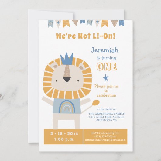 かわいいライオン1歳の男の子の誕生日パーティーの招待 招待状 (正面)