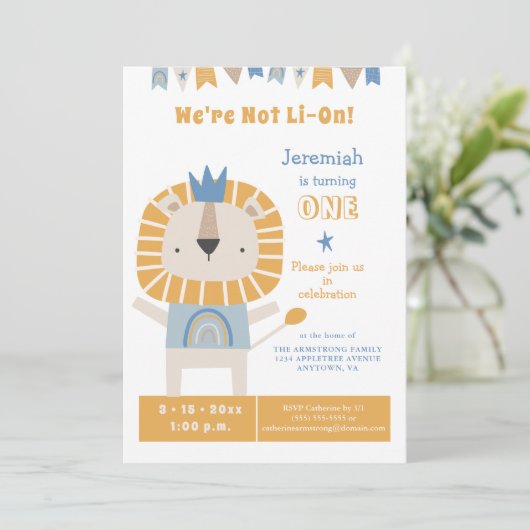 かわいいライオン1歳の男の子の誕生日パーティーの招待 招待状 (スタンド正面)