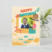 かわいいライオンDJ子供の誕生日パーティー 招待状 (スタンド正面)