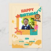 かわいいライオンDJ子供の誕生日パーティー 招待状 (正面/裏面)