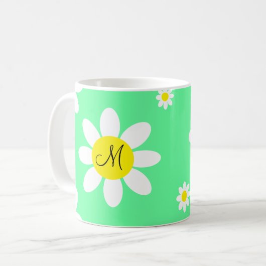 かわいいライトグリーンとホワイトフローラカスタムイニシャル コーヒーマグカップ (正面左)