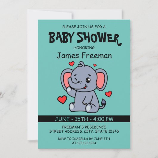 かわいいライトティール（緑がかった色）ベクターボーイゾウ赤ちゃんシャワー 招待状 (正面)