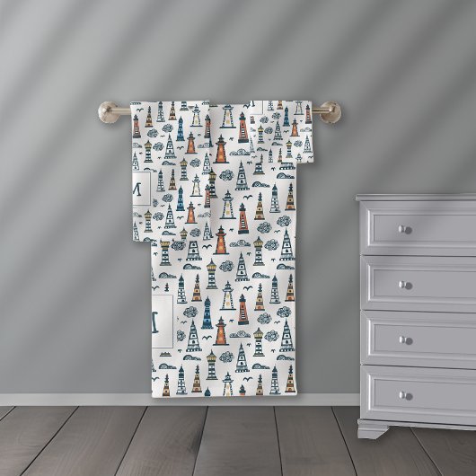 かわいいライトハウスシームレスパタモノグラムのーン バスタオルセット