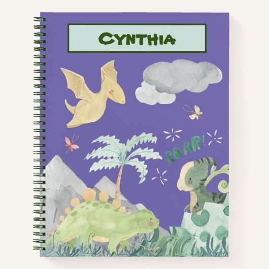 かわいいライトパープル水彩恐竜 ノートブック (正面)