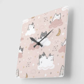 かわいいライトピンクの子猫パターン スクエア壁時計 (傾斜)
