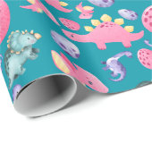 かわいいライトピンクブルーと緑の恐竜 ラッピングペーパー (ロールコーナー)