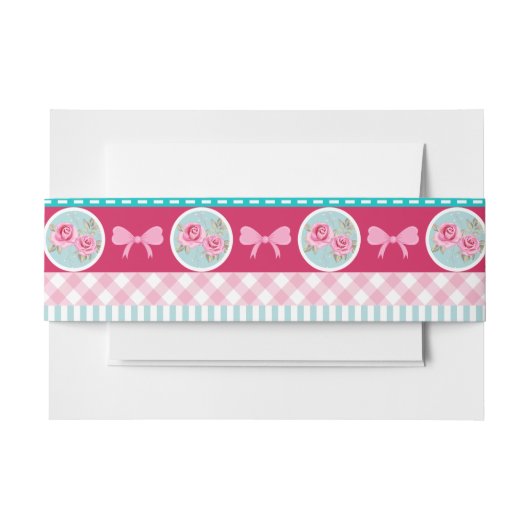 かわいいライトピンク&ブルーのパターガーリーン 招待状ベリーバンド (正面例)