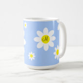 かわいいライトブルーとホワイトフローラカスタムイニシャル コーヒーマグカップ (正面右)