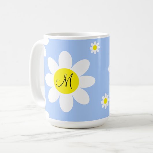 かわいいライトブルーとホワイトフローラカスタムイニシャル コーヒーマグカップ (正面左)