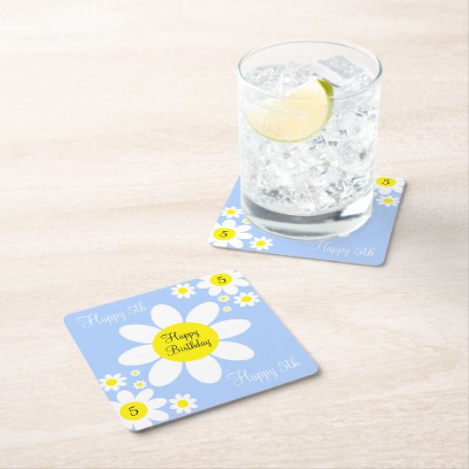 かわいいライトブルーと白フローラ5誕生日 スクエアペーパーコースター (インサイチュ)