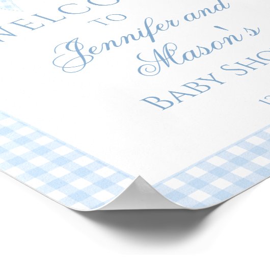 かわいいライトブルーのギンガムリボン男の赤ちゃんシャワー ポスター (角)