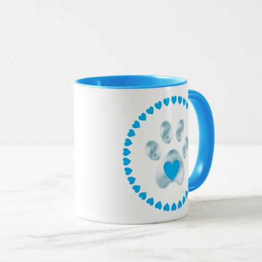 かわいいライトブルーのペットの手とハート マグカップ (正面右)