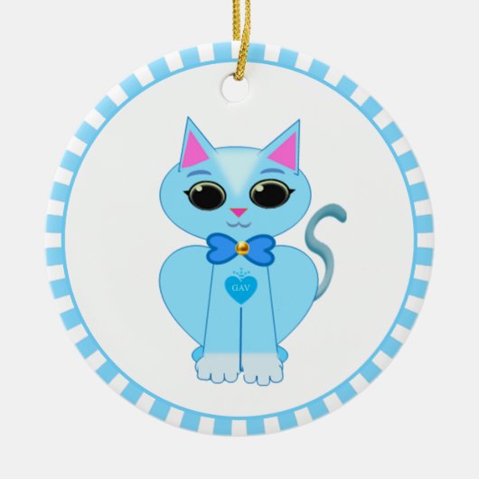 かわいいライトブルーの猫とブルーレイズ セラミックオーナメント (正面)