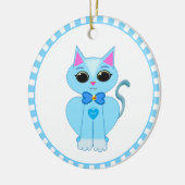 かわいいライトブルーの猫とブルーレイズ セラミックオーナメント (左)