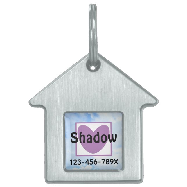 かわいいライトブルーの紫のハート名と電話番号 ペットネームタグ (正面)