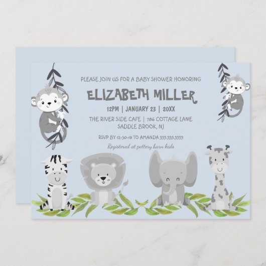 かわいいライトブルーサファリ動物の男の子の赤ちゃんシャワー 招待状 (正面/裏面)