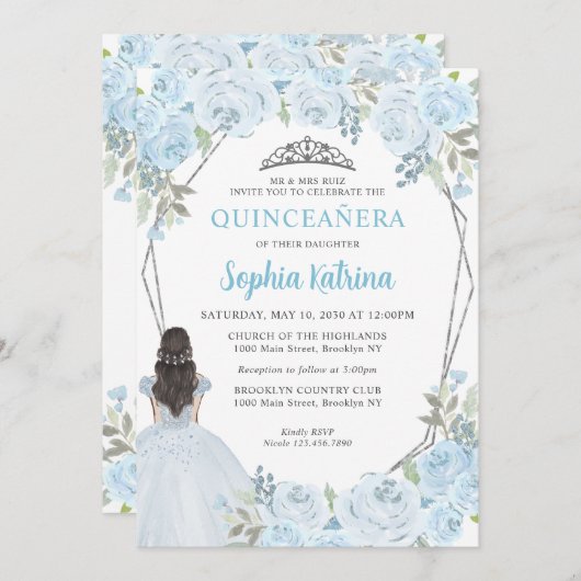 かわいいライトブルーシルバーフラワープリンセスのキンセアニエラ 招待状 (正面/裏面)