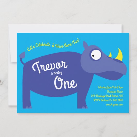 かわいいライノキッズ1歳の誕生日パーティーサイ 招待状 (正面)