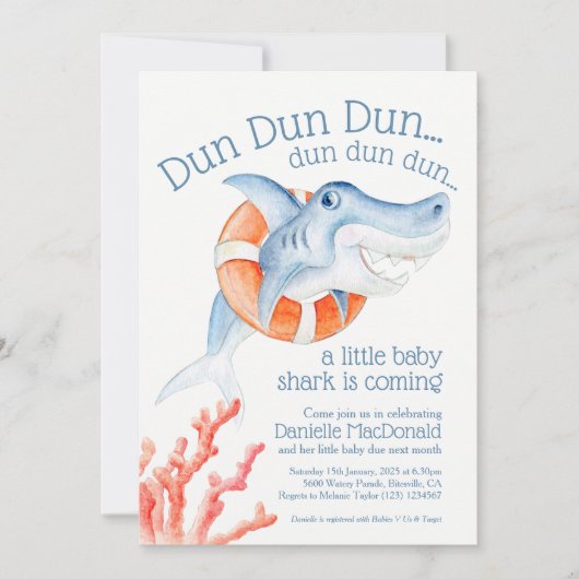 かわいいライフセーバーベビーサメ水色ベビーシャワー 招待状 (正面)