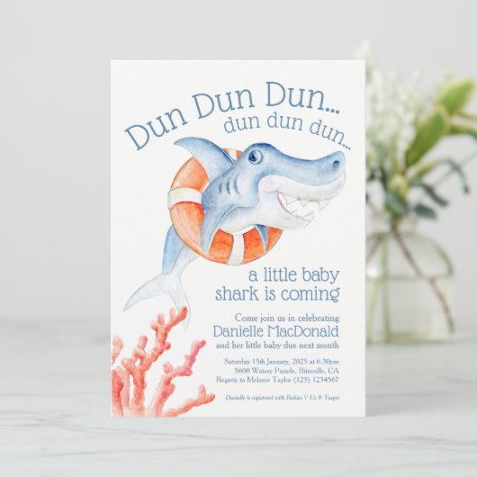 かわいいライフセーバーベビーサメ水色ベビーシャワー 招待状 (スタンド正面)