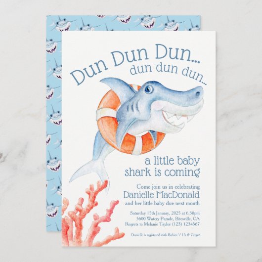 かわいいライフセーバーベビーサメ水色ベビーシャワー 招待状 (正面/裏面)