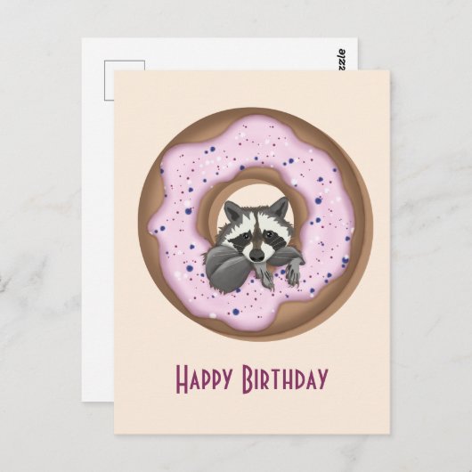 かわいいラクーンとスイートドーナツハッピーバースデーピンク ポストカード (正面/裏面)