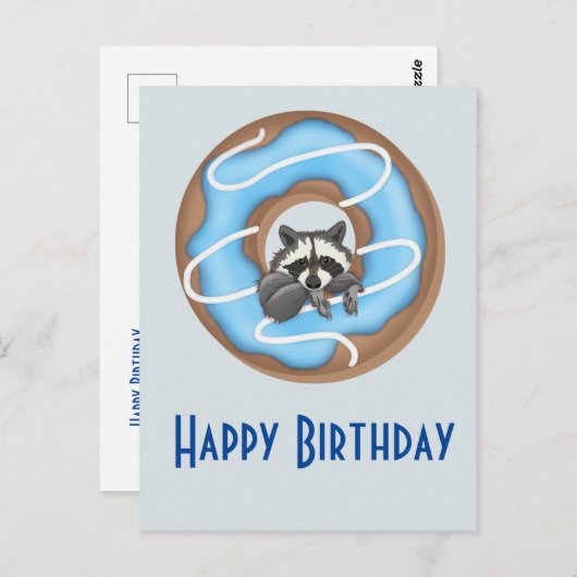 かわいいラクーンとスイートドーナツハッピーバースデーブルー ポストカード (正面/裏面)