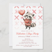 かわいいラクーン水彩赤バレンタインデーパーティー 招待状 (正面)