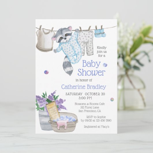 かわいいラクーン洗う日の水の色ベビーシャワー 招待状 (スタンド正面)