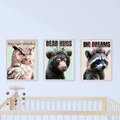 かわいいラクーン、フクロウ、クマのトリプチチ子供部屋