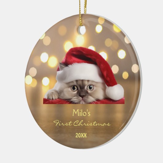 かわいいラグドールキャットサンタハットポーパーソナライズされた金ゴールド セラミックオーナメント (左)
