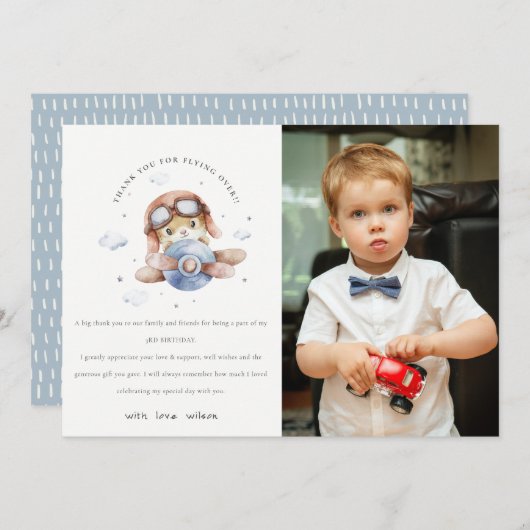 かわいいラストネイビー飛行機テディキッズフォト誕生日 サンキューカード (正面/裏面)