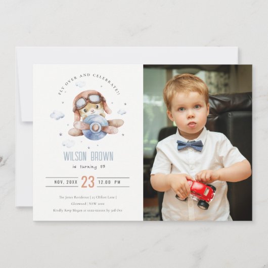 かわいいラストブルー飛行機テディスターズフォト誕生日 招待状 (正面)